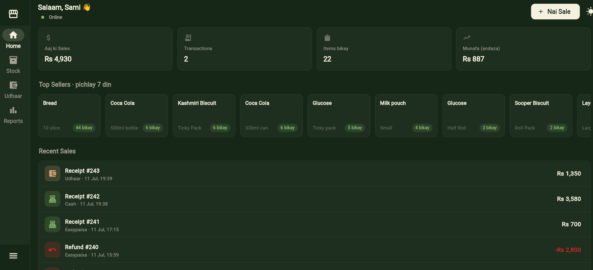 BabulPOS dashboard showing today's sales, top sellers, and recent receipts
